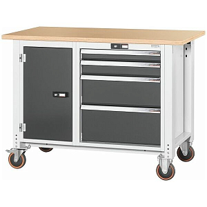 Workbench, mobile, left side cupboard, right side 4 drawers, Beech marine<br />
ply worktop, 20×20G, Worktop length: 1250 mm Workbench, mobile, left side cupboard, right side 4 drawers, Beech marine<br />
ply worktop, 20×20G, Worktop length: 1250 mm