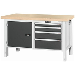 Workbench, left side cupboard, right side 4 drawers, Beech marine ply<br />
worktop, 20×20G, Worktop length: 1500 mm Workbench, left side cupboard, right side 4 drawers, Beech marine ply<br />
worktop, 20×20G, Worktop length: 1500 mm