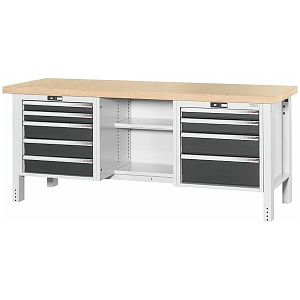 Workbench, left side 5 drawers, centre open, right side 4 drawers, Beech marine ply worktop 2000 mm Workbench, left side 5 drawers, centre open, right side 4 drawers, Beech marine ply worktop 2000 mm